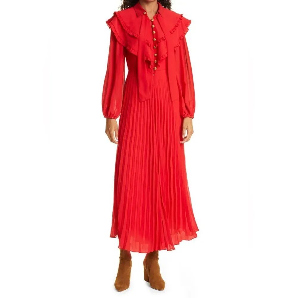 FARM Rio Women's Red Maxi Pleated Jumpsuit Neck Tie Buttons Flowy Sz Medium DM3 - Picture 3 of 16